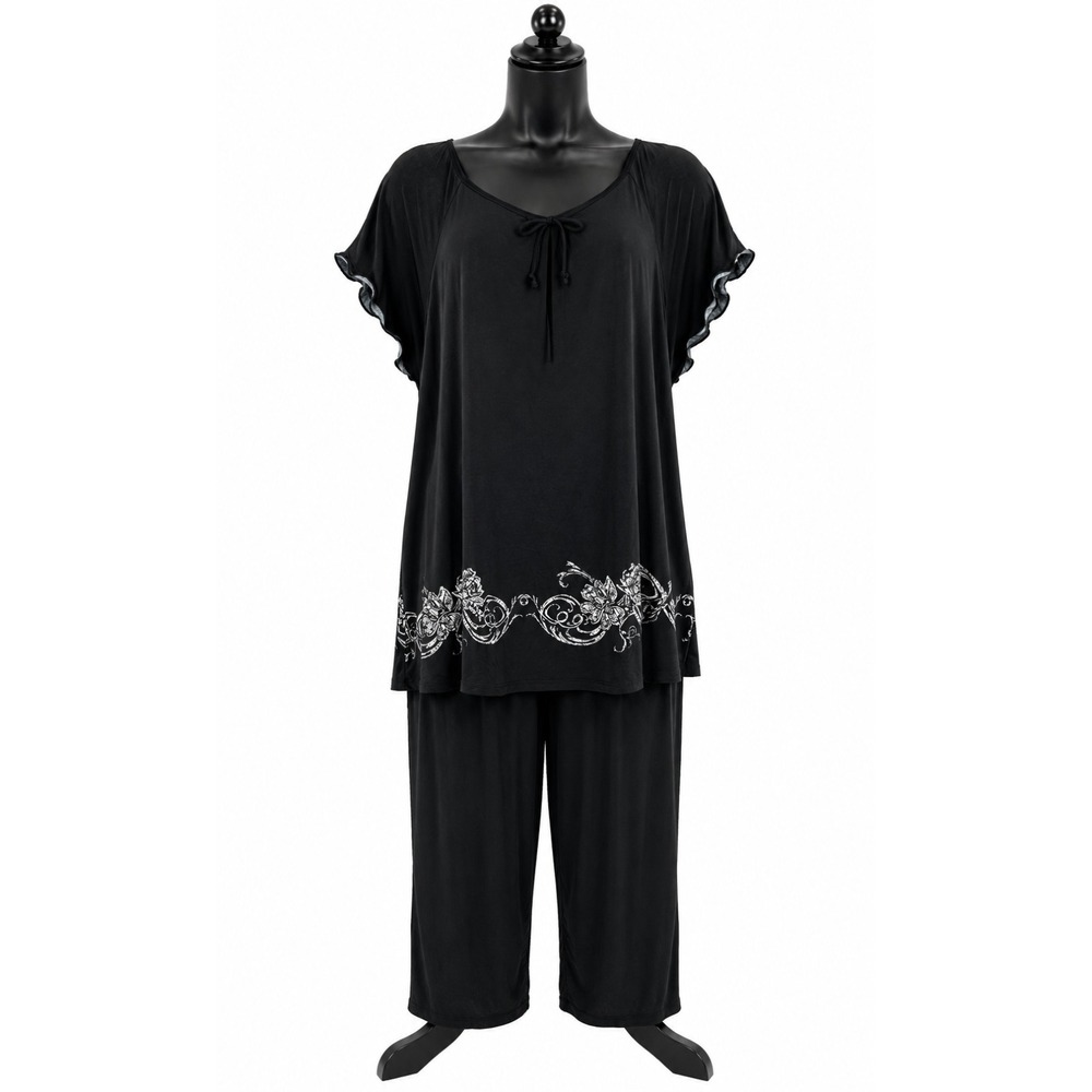 Morgan Taylor Womens Short Sleeve Pajama Top Pant Set XL Black‎ Floral Knit